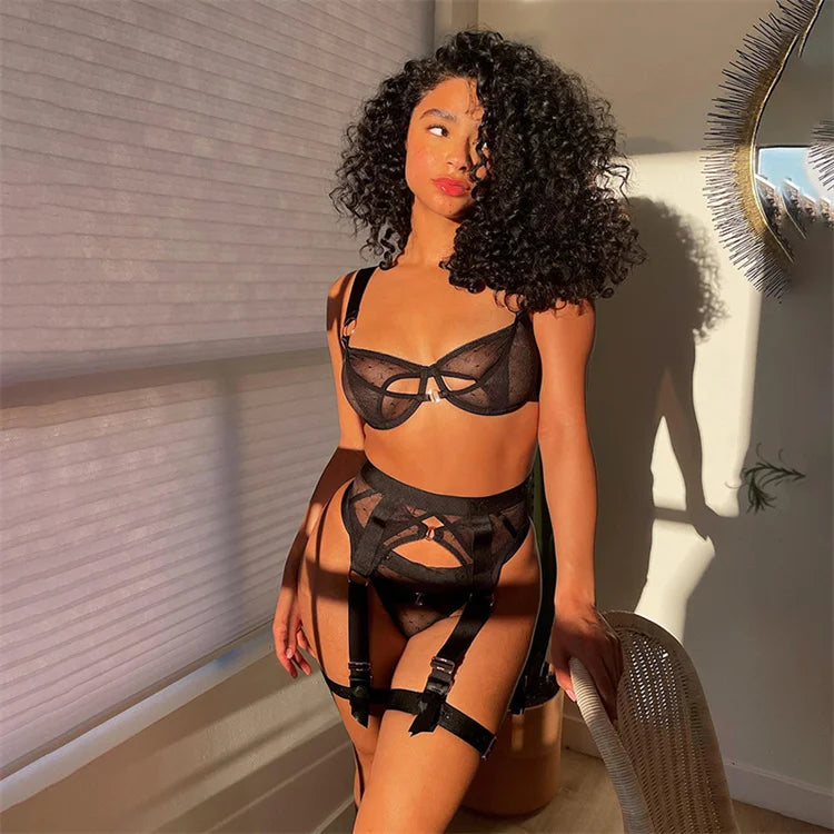 Midnight Lace Desire Set – Sheer Black Mesh Lingerie for Women (XS–L)ers Lingerie Set With Garter Belt