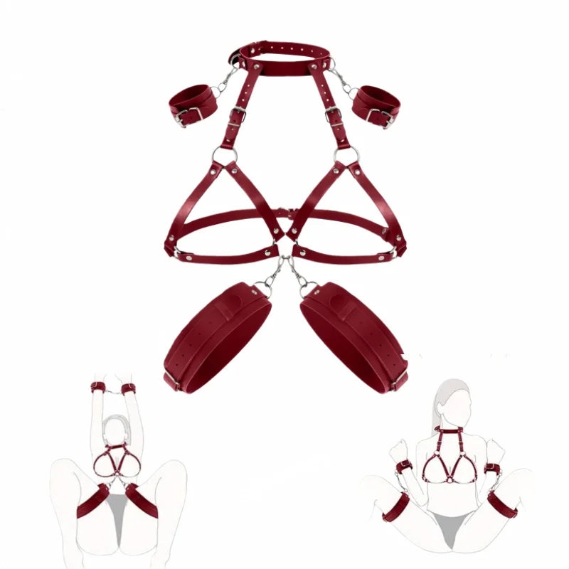 SM Sexy Lingerie Women's Sexy Leather Leakage Bra with Handcuffs Multiple Styles Bondage Restraint Training, Wearing Harness