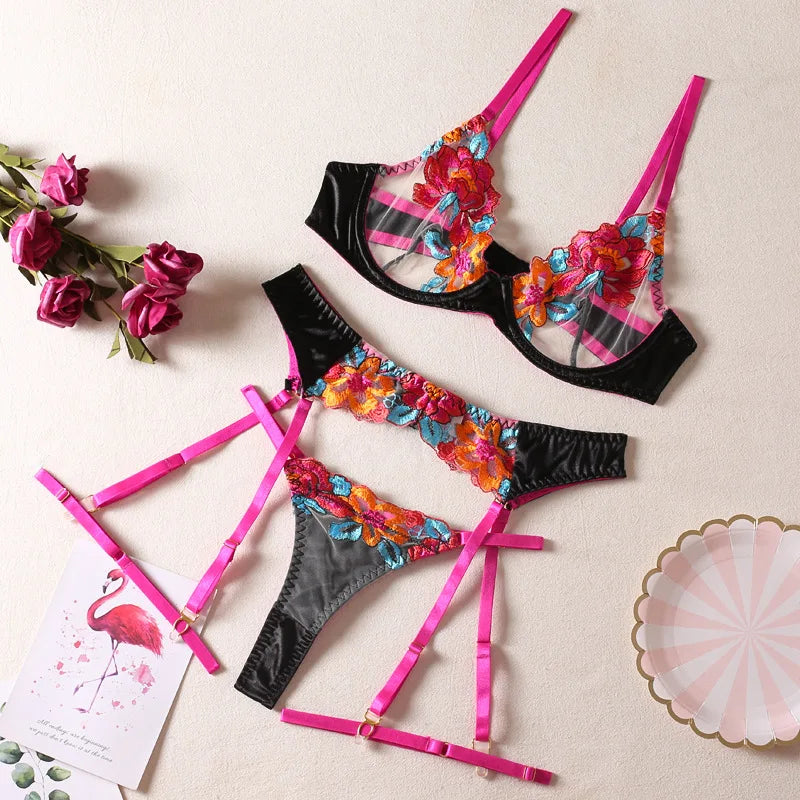 Sexy Sheer Embroidered Lingerie Set – Royal Blue Floral Design for Women (S–XL)