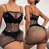Sexy Fishnet Mesh Lingerie Skirt – Sheer Hollow-Out Half Slip with Rhinestone Accents