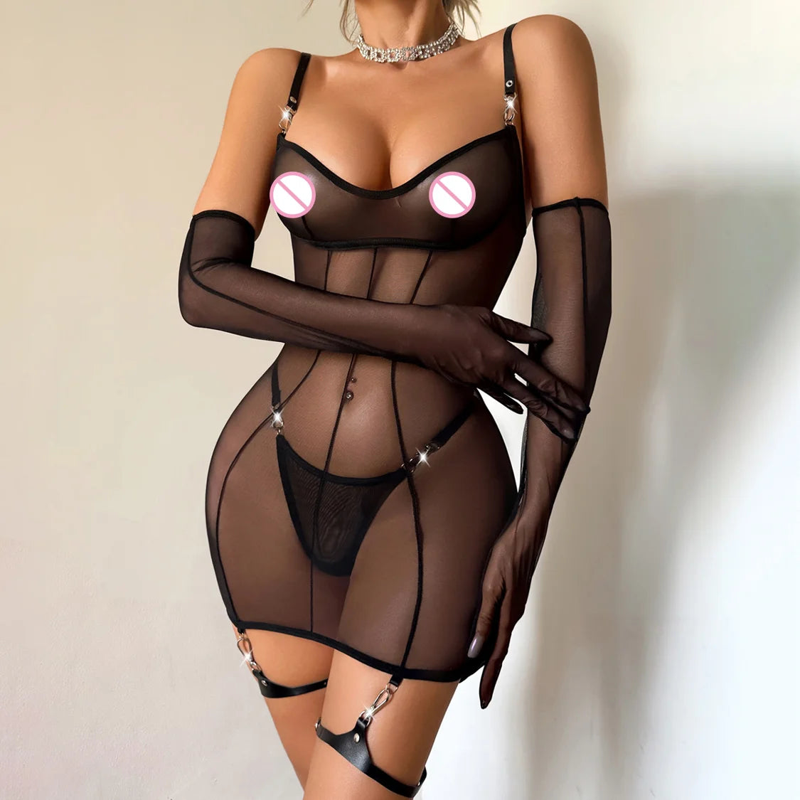 Sexy Sheer Lingerie Set – 2-Piece Harness Outfit with Gloves & Metal Accents