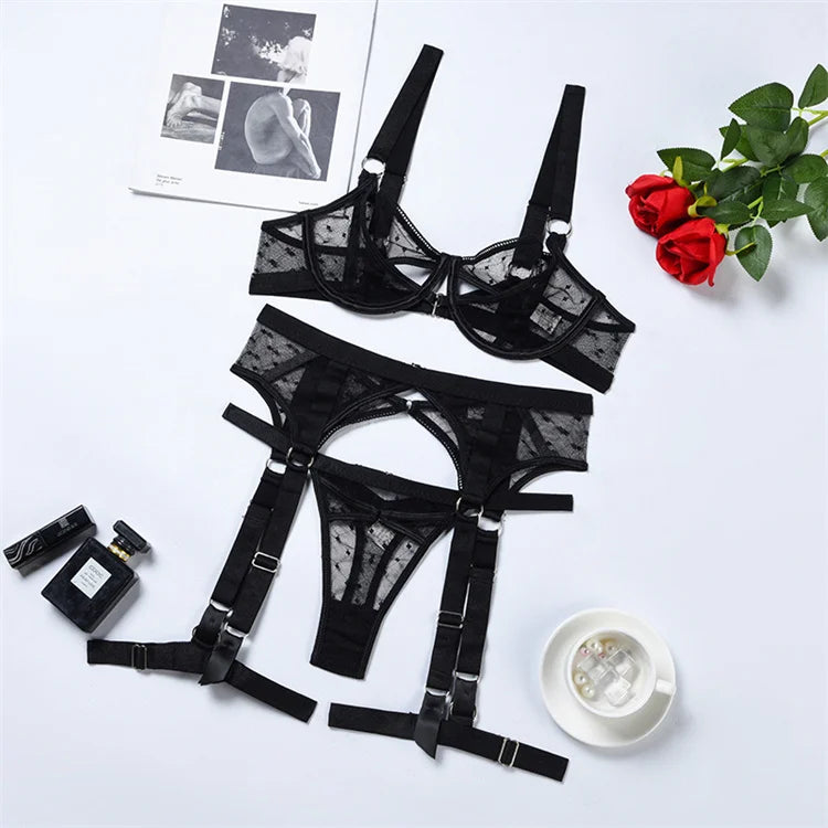 Midnight Lace Desire Set – Sheer Black Mesh Lingerie for Women (XS–L)ers Lingerie Set With Garter Belt