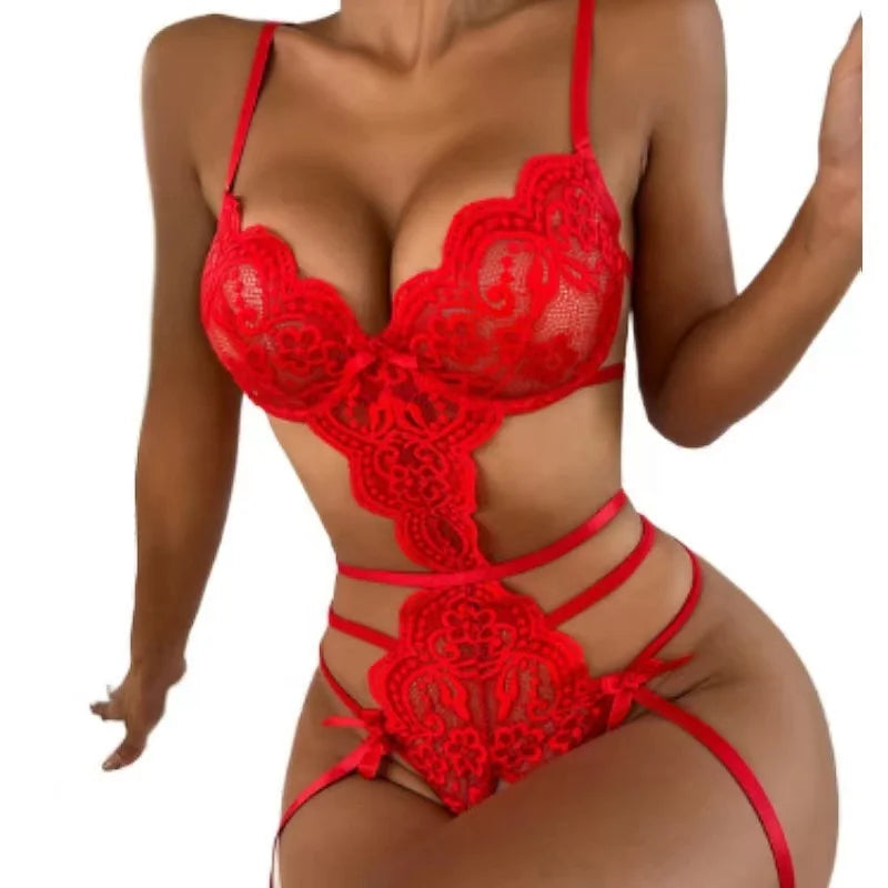 Sexy Deep V Lace Bodysuit – Sheer One-Piece Lingerie for Women
