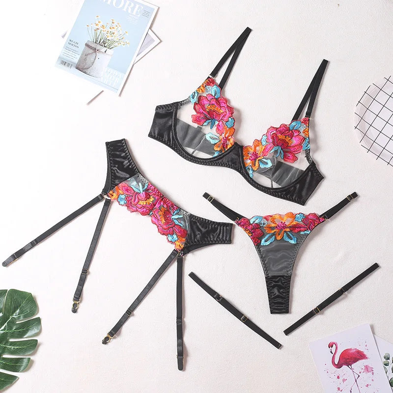 Sexy Sheer Embroidered Lingerie Set – Royal Blue Floral Design for Women (S–XL)