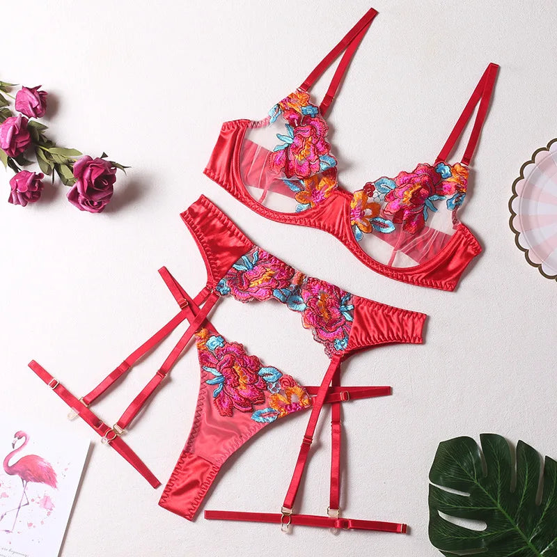 Sexy Sheer Embroidered Lingerie Set – Royal Blue Floral Design for Women (S–XL)