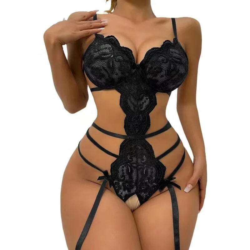 Sexy Deep V Lace Bodysuit – Sheer One-Piece Lingerie for Women