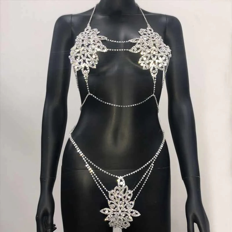 Sexy Rhinestone Crystal Lingerie Set – 2-Piece Body Chain Bra & Panty for Women