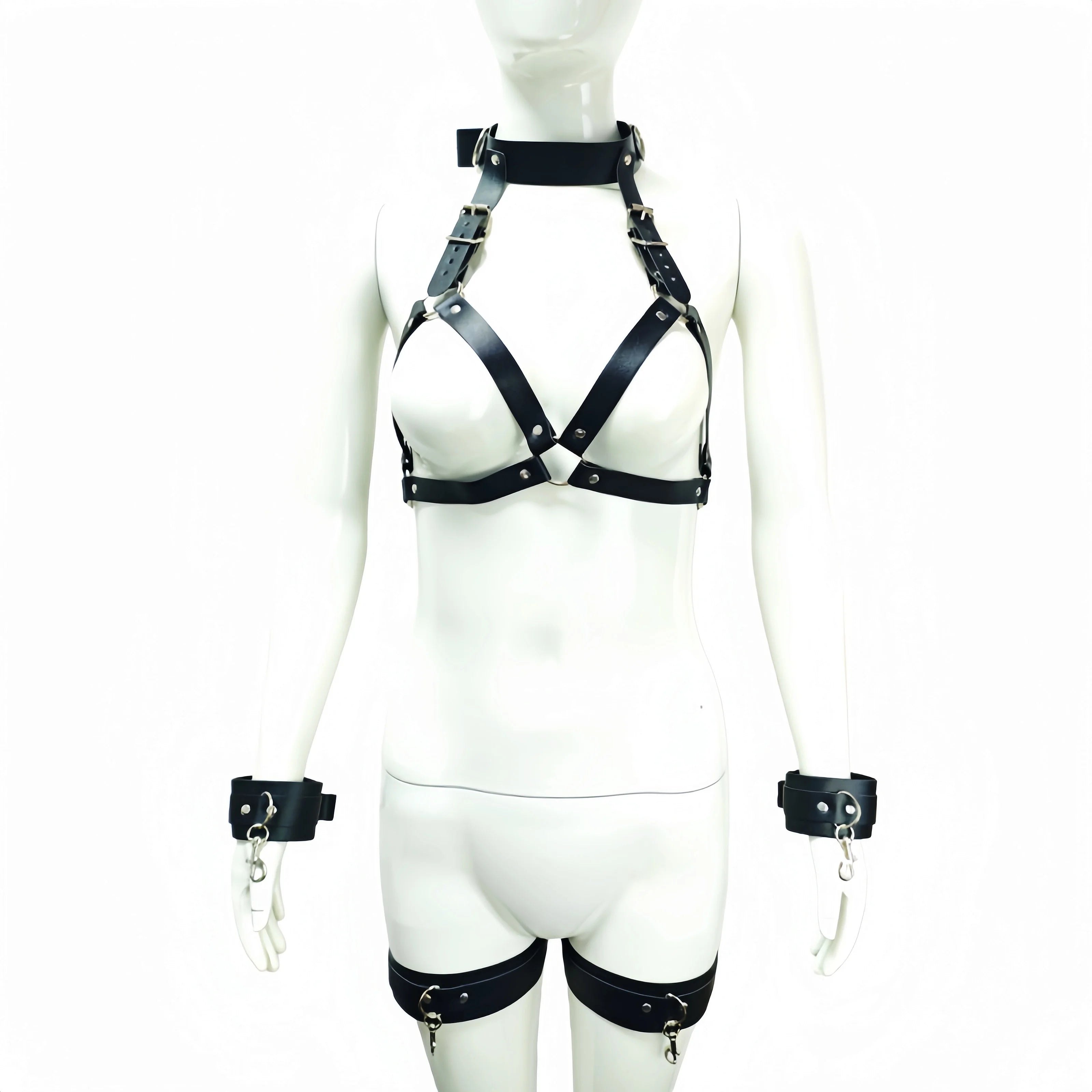 SM Sexy Lingerie Women's Sexy Leather Leakage Bra with Handcuffs Multiple Styles Bondage Restraint Training, Wearing Harness