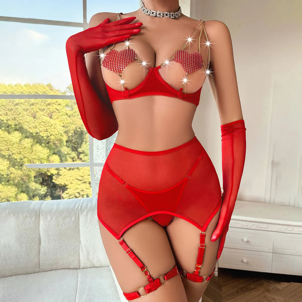 Sexy 5-Piece Valentine Lingerie Set – Red Heart Sheer Outfit with Gold Chain Details