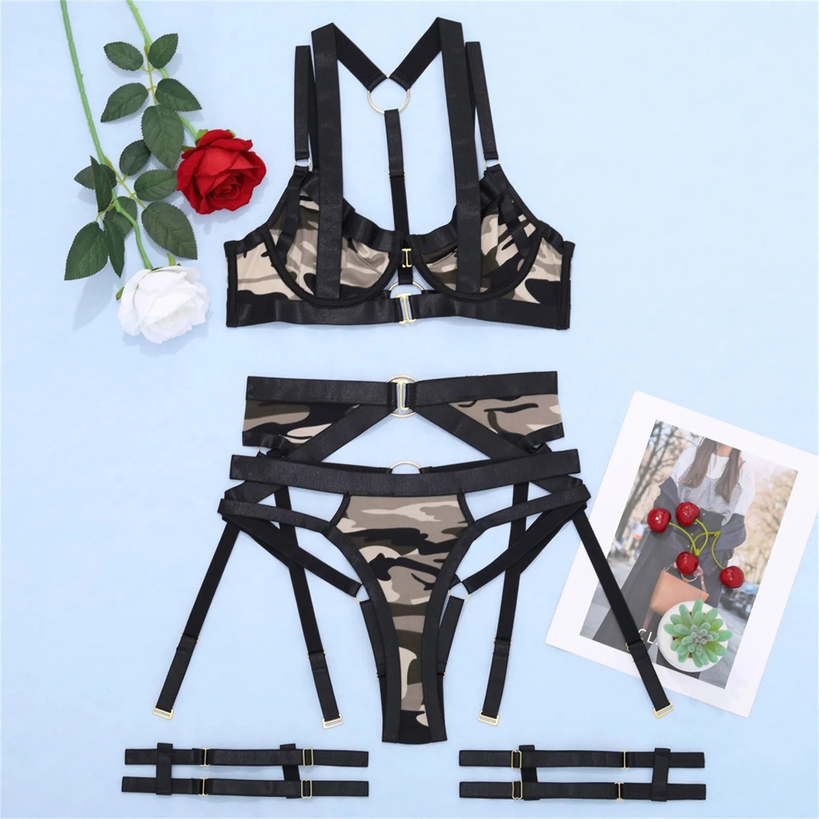 S-XL Curve Fit Sexy Lingerie Set Open Cup Bra Sensual Temptation Sleepwear Intimate Nightwear